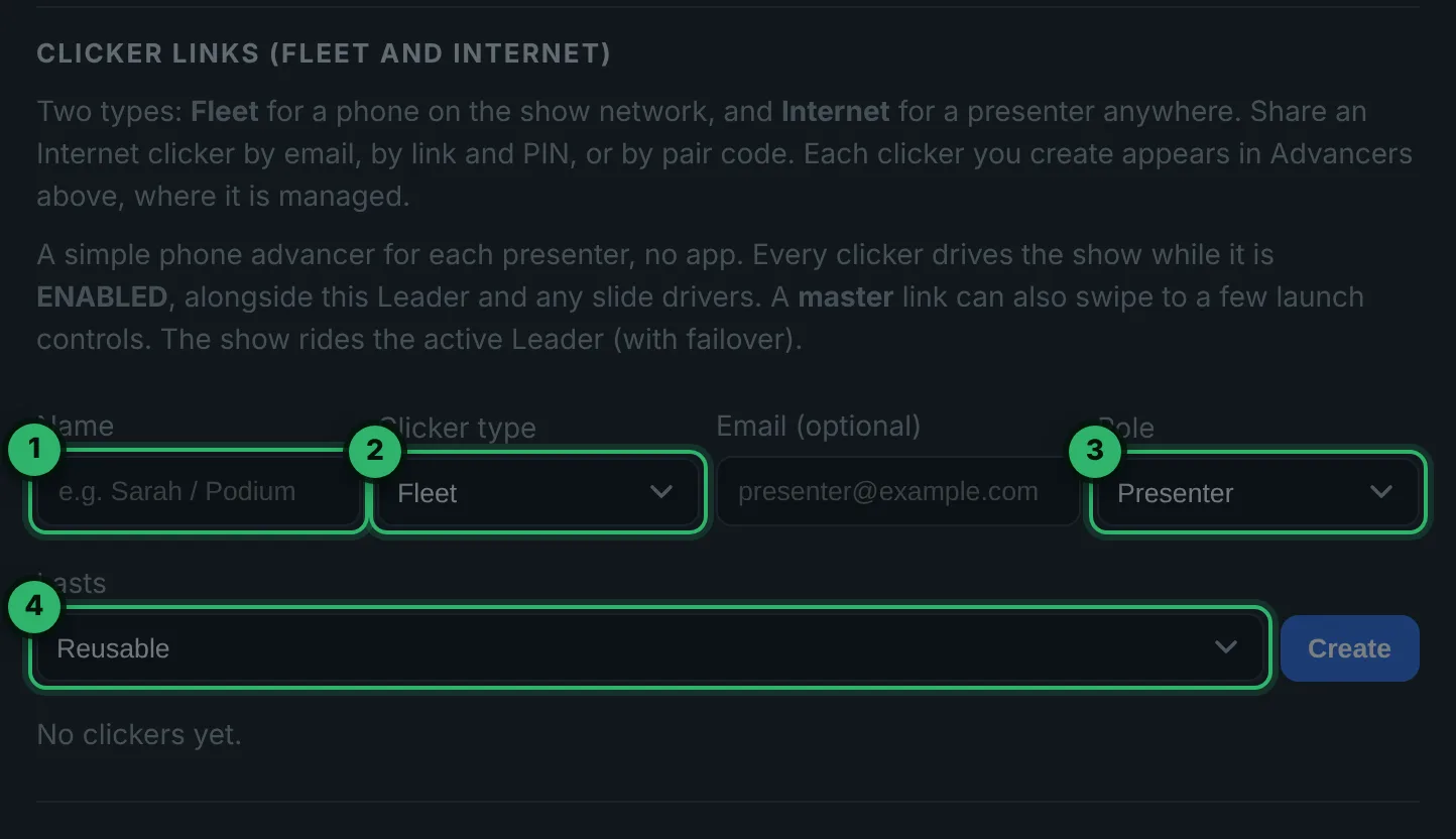 Settings, Clicker links: name, Fleet or Internet, Presenter or Master, Reusable or One session, Create