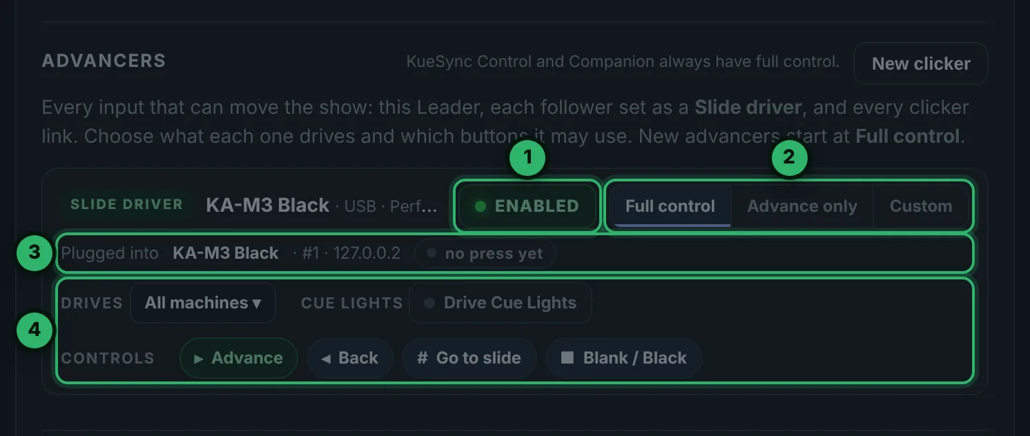Settings, Advancers: the Leader and a Slide driver, each with ENABLED, Full control, Advance only, Custom, Plugged into and Drives