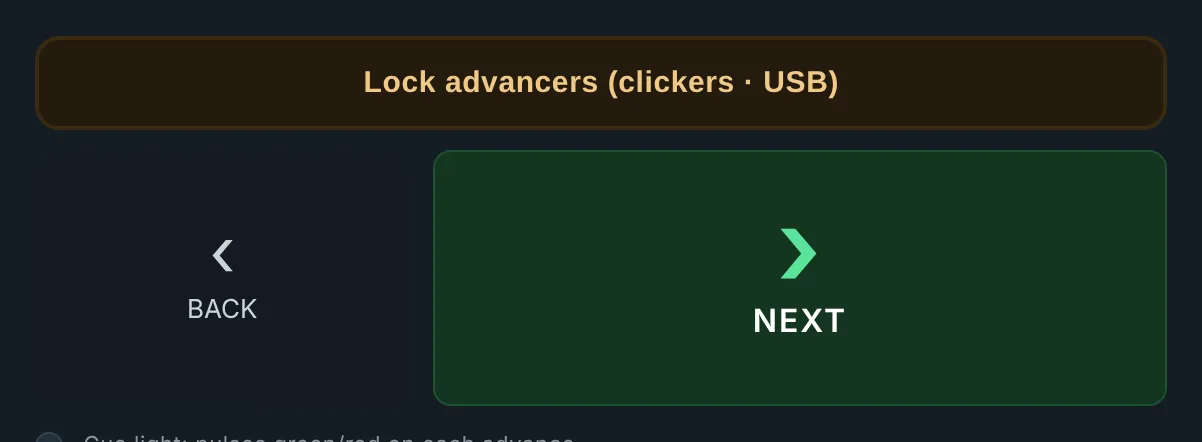 KueSync Control: Lock advancers, BACK and NEXT, and Click control