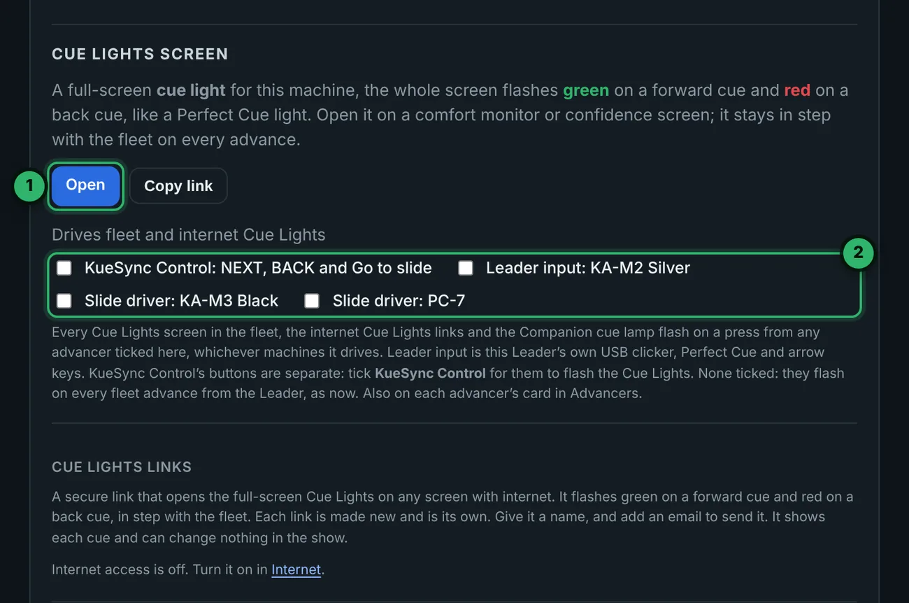 Settings, Displays, Cue Lights screen: Open and Copy link, and Drives fleet and internet Cue Lights with KueSync Control, Leader input and two slide drivers to tick