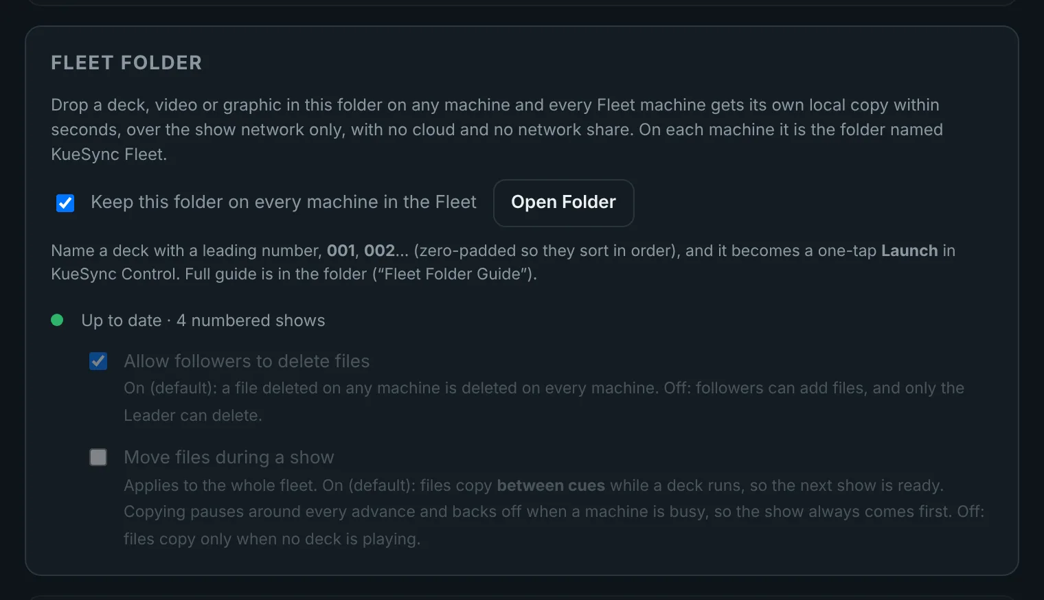 Settings, Fleet Folder: Keep this folder on every machine in the Fleet, ticked