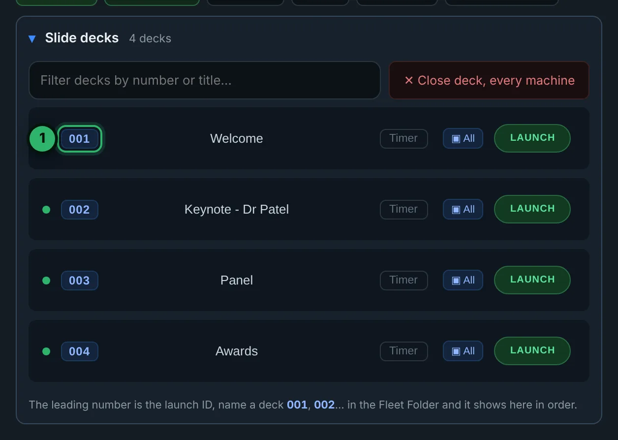 KueSync Control, Slide decks: numbered decks from the Fleet Folder, each with a Launch button