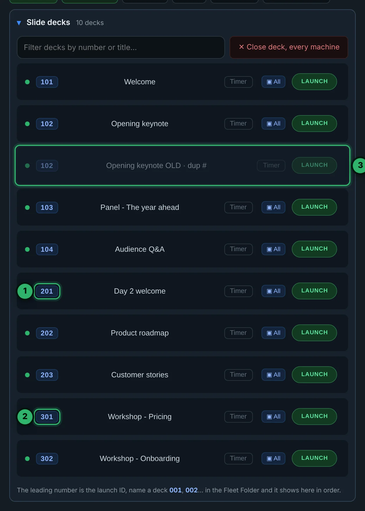 KueSync Control, Slide decks: Day 1 decks 101 to 104, Day 2 decks 201 to 203, breakout decks 301 and 302, and an old copy of 102 dimmed as a duplicate