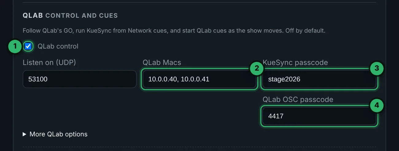 Settings, Integrations, QLab: QLab control on, listening on UDP 53100, QLab Macs 10.0.0.40 and 10.0.0.41, a KueSync passcode and the QLab OSC passcode