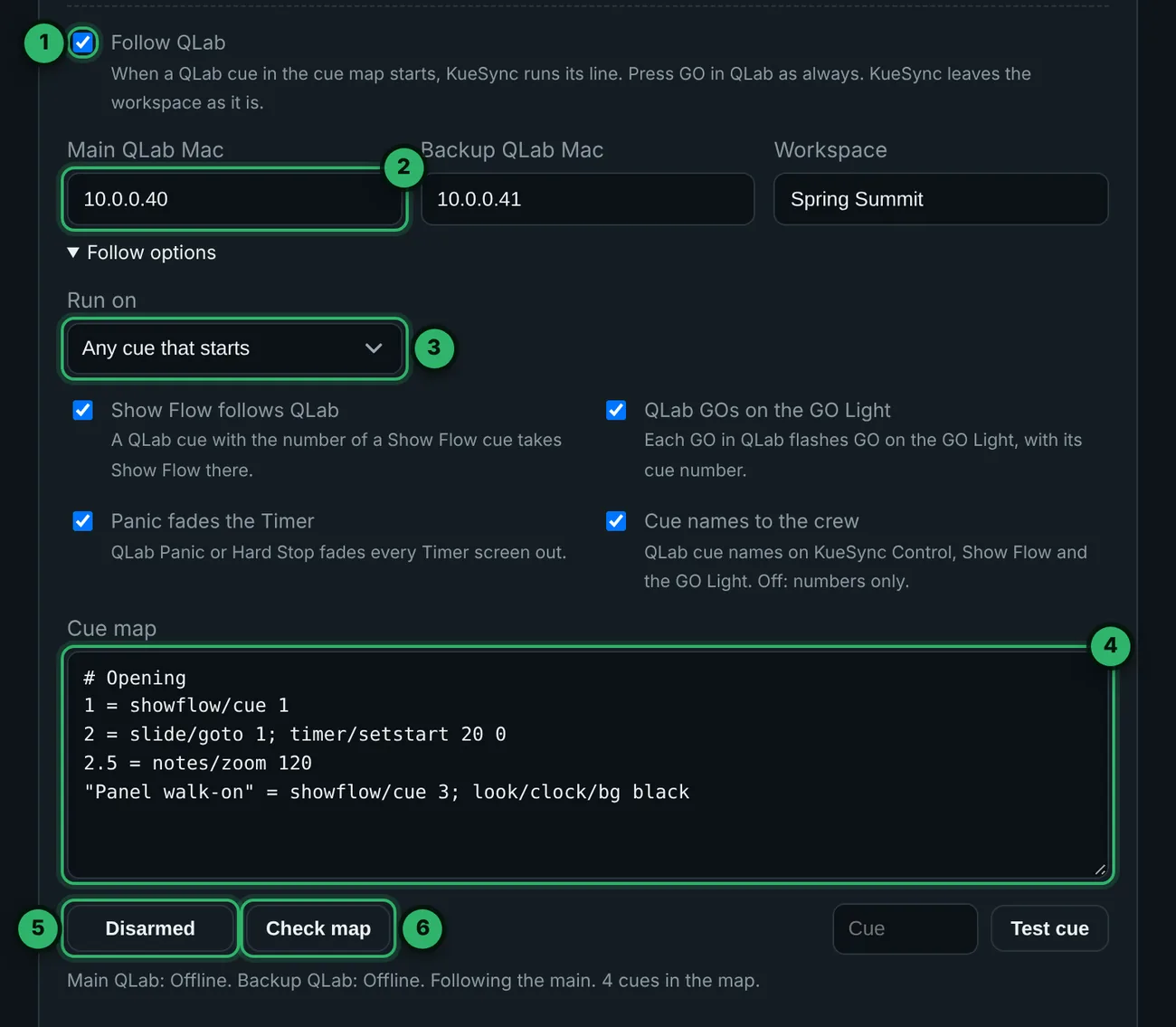 Follow QLab: Main QLab Mac 10.0.0.40, Backup QLab Mac 10.0.0.41, Workspace Spring Summit, Run on Any cue that starts, the four Follow options ticked, a cue map of four cues and a note, and the Disarmed and Check map buttons